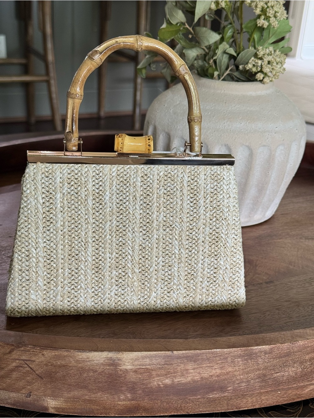 Brand New Tommy Bahama NATURAL RAFFIA BAMBOO HANDLE CLUTCH BAG - Picture 4 of 6